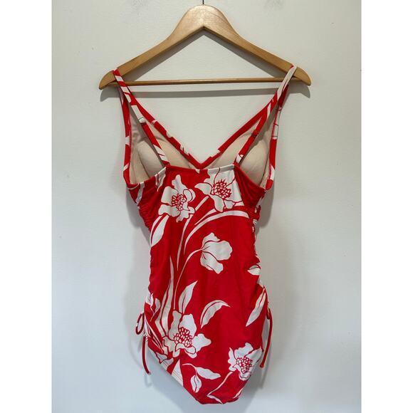 Kona Sol one piece swim suit size M red white floral print cinching on side - Picture 4 of 6